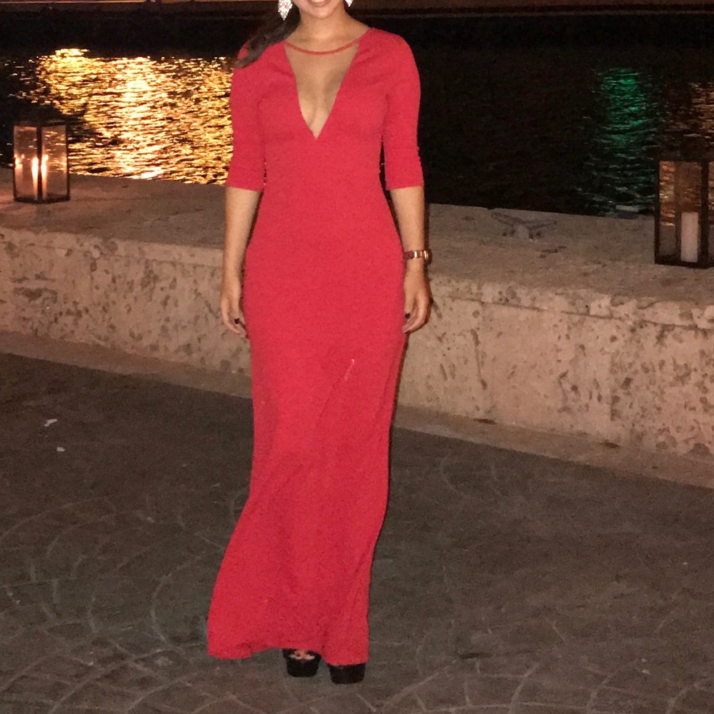 Long red wedding guest dress